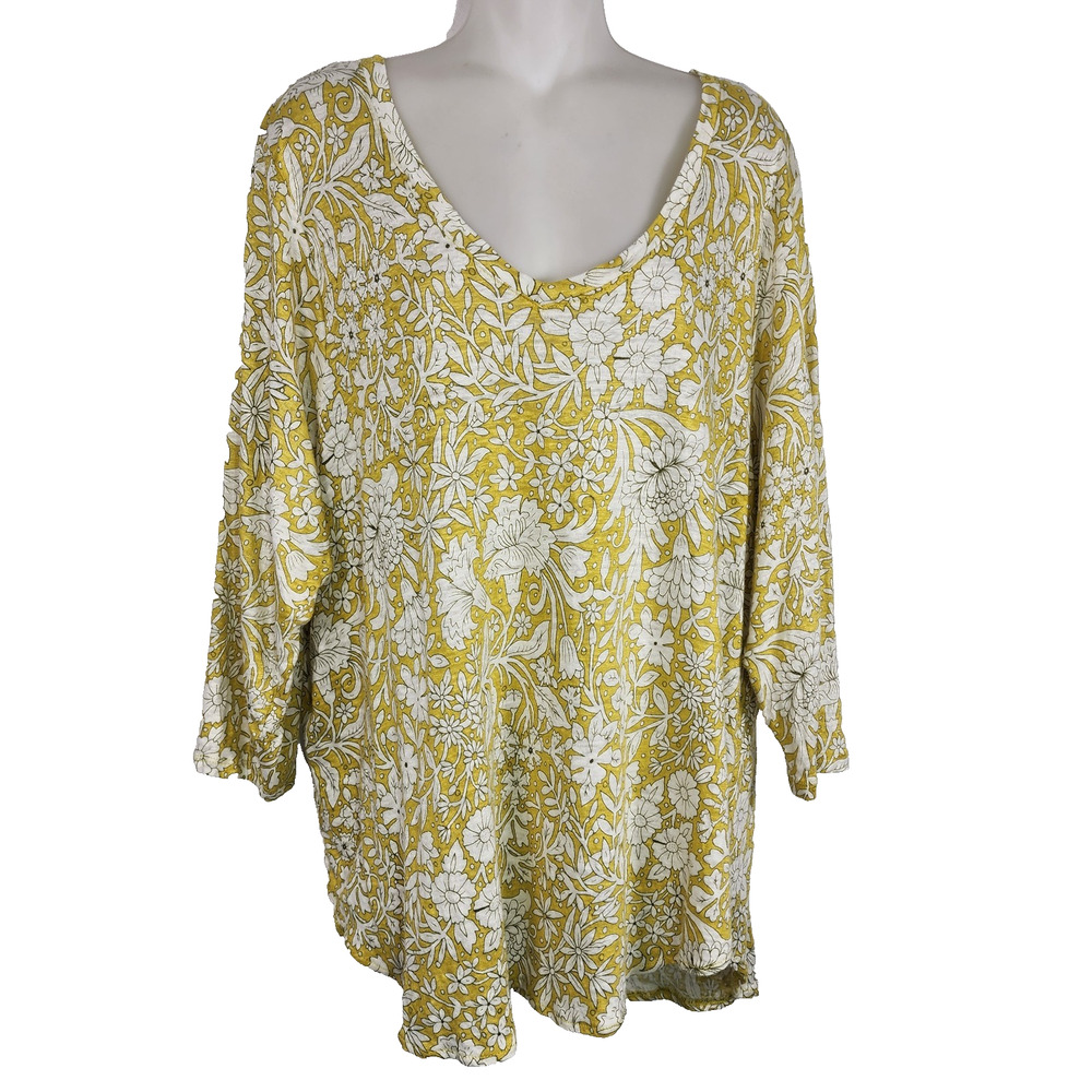 Rachel Ashwell Womens Top Size 2X 100% Linen Floral Pullover V Neck 3/4 Sleeve
